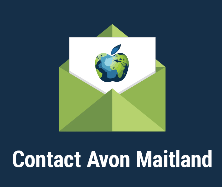 Contact Avon Maitland. Illustration of green envelope with white paper with AMDSB apple on it.